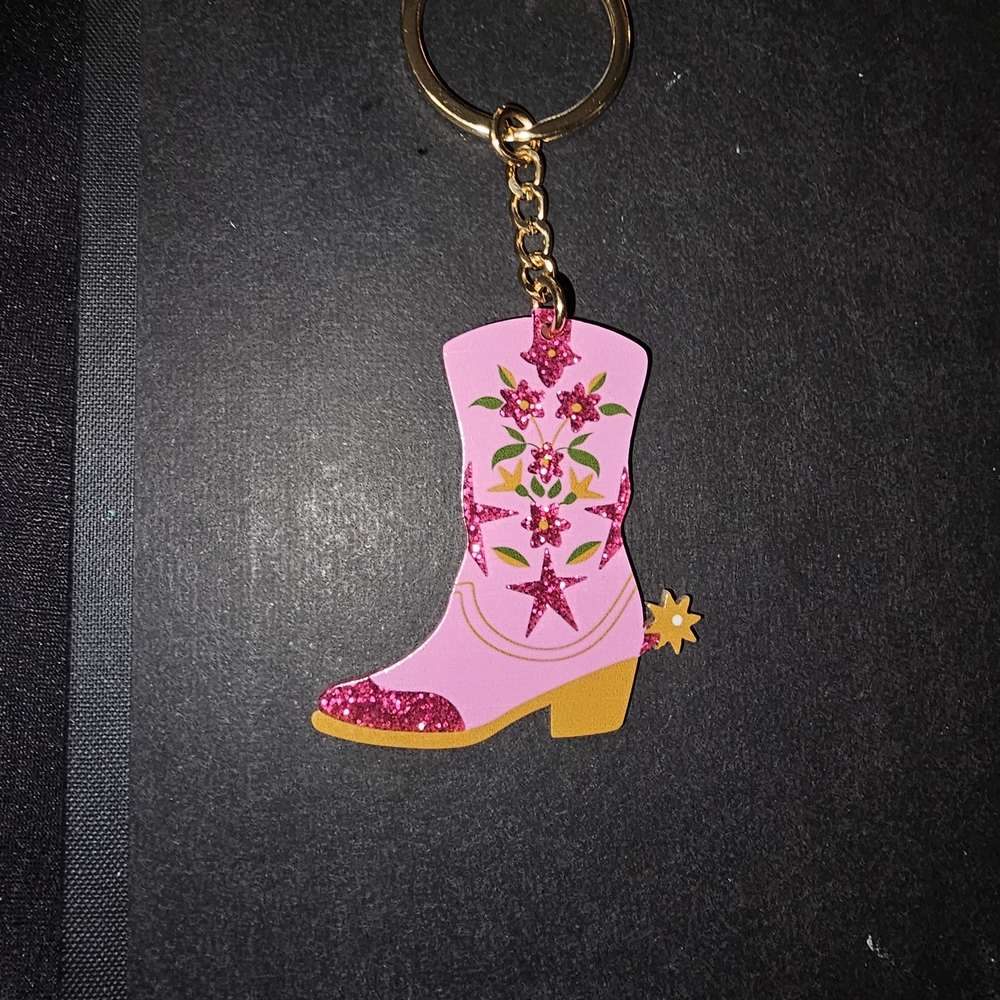 Floral Pink Glitter Cowgirl Boot Keychain